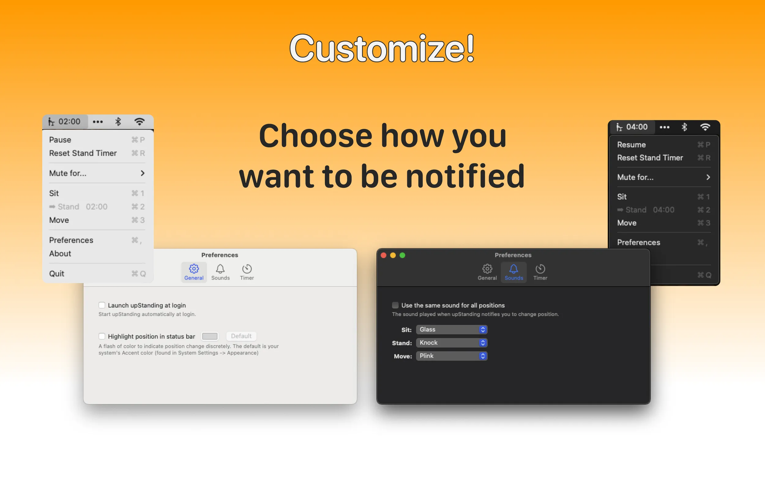 UpStanding menus and preferences showing customizable reminders, position highlighting, and sounds in light and dark mode.